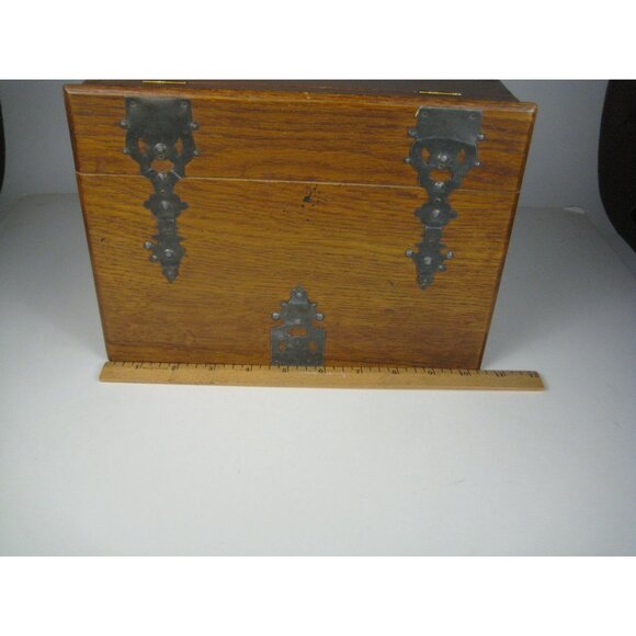 Antique Wooden Box Ornate Metal Hinges Latch Hand Made Crafted Lidded - Picture 2 of 16